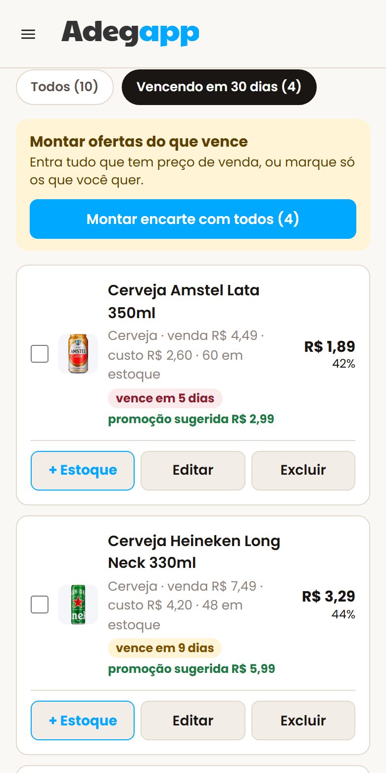 Produtos vencendo em 30 dias, com promoção sugerida e botão para montar encarte